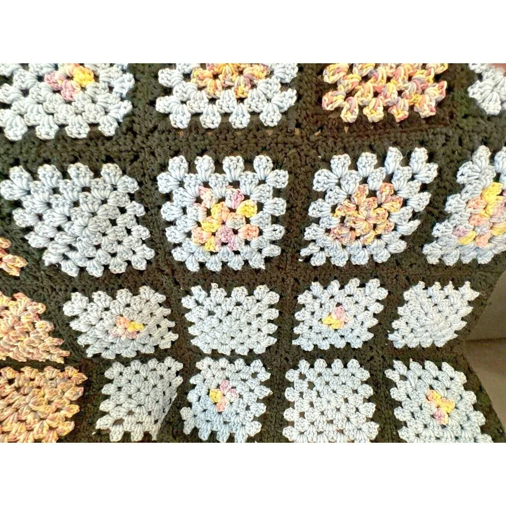 Granny Square Afghan Blanket Throw Handmade Crochet Blues White Black 48x36